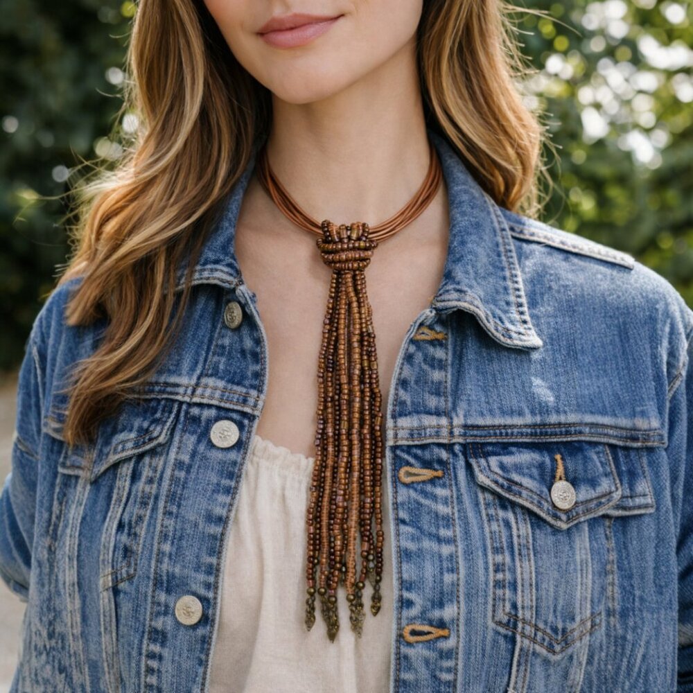 Multistrand Rosy Brown Leather Choker w/ Beaded Strands Necklace